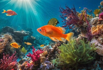 Fototapeta premium Tropical Underwater Wonderland: Diverse Fish and Coral Habitats