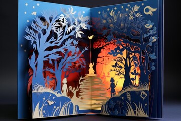 Delightful childrens book cover with papercut artwork, depicting a fairy tale story through intricate and vibrant paper designs