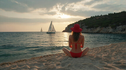 Solo traveling young lady in a red hat by the sea