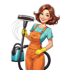 Pop art cartoon, smiling woman cleaner with hoover ready to clean, isolated on white background