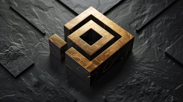A 3D rendering of a golden cube with a square-shaped hole in it, on a black marble background.
