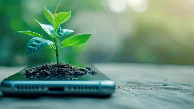 Plant growing from the smartphone screen. Ecology and environment concept	
