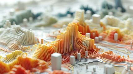 A 3D rendering of a mountainous terrain with white and orange colors.