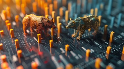 A bull and bear facing off on a circuit board.