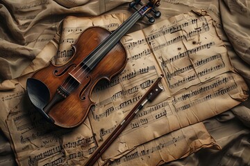 antique violin with bow on vintage music sheet background classical instrument still life - obrazy, fototapety, plakaty