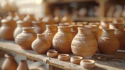 Fototapeta na wymiar A collection of handmade clay pots and vases