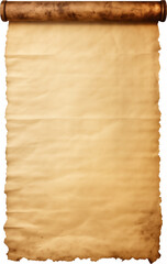 ANTIQUE PAPER SCROLL, Isolated, Vertical aged paper, Parchment, Page, Sheet. An ancient paper unrolled from a wooden roll and wide space suitable for memo, message, text. placement.