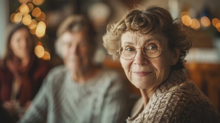 Senior woman, grandmother, with glasses in sharp focus, family gathering softly blurred in the background.