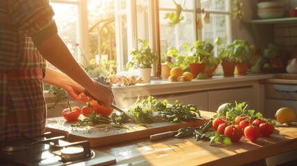 Chopping leafy greens in bright kitchen, perfect for content on sustainable eating or herb gardening.