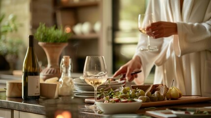 Fototapeta premium Happy cook mixing greens in bowl, cozy kitchen backdrop, perfect for culinary arts or nutrition.