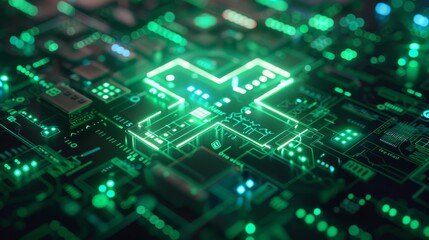 Obraz premium A glowing green circuit board with a plus sign in the center.