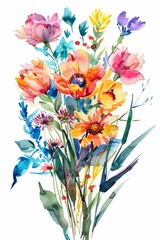 Watercolor clipart of vibrant spring floral bouquet, isolated on white --ar 2:3 Job ID: 48f065d3-193d-4fd7-be1d-4c51a488e885