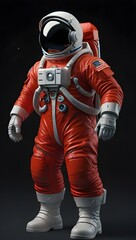 Illustration of the full body pose of an astronaut wearing a red super buoyancy suit. Generative AI