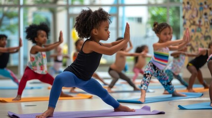 Child's playful yoga pose in class, suitable for children's fitness, health, or education themes.