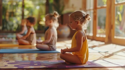 Young girl enjoying kids' yoga, fits into content on active lifestyle for families or preschool activities.