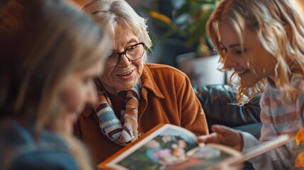Photo of elderly woman, smiling, looking at album, multi-generational family theme.