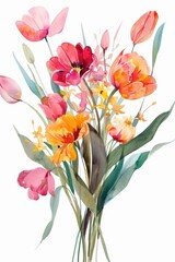Obraz premium Spring floral watercolor clipart, vibrant bunch, isolated on white