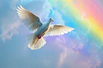 A white dove flies with wings spread wide against a backdrop of a soft rainbow, a vibrant symbol of peace and diversity