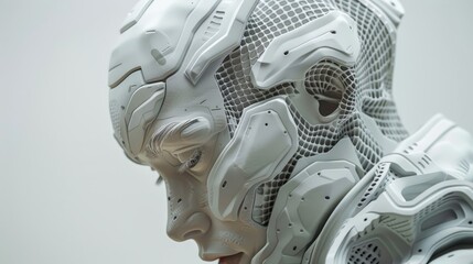 A highly detailed render of a human face with a white metallic exoskeleton.