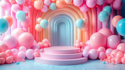 Bright podium, holiday background and balloons. birthday theme