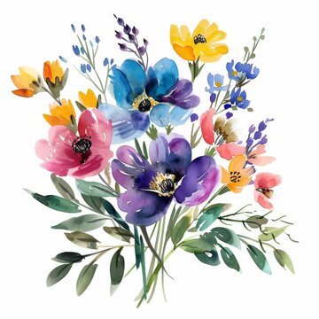 Vivid watercolor spring flowers, colorful floral bunch, isolated on white --ar 1:1 Job ID: 3c991f62-9b6c-406a-bc05-8b428b21275a