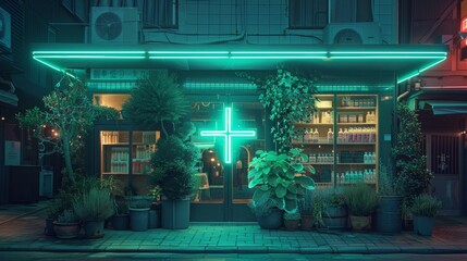 A neon green cross glows in the window of a small shop. Plants line the window sill. The shop is open late at night. - obrazy, fototapety, plakaty
