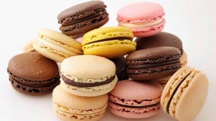 Assorted stack of colorful macarons on white background, delicious sweet French pastry confectionery concept