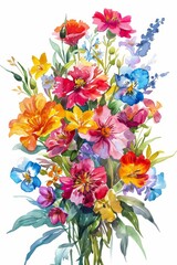 Lush bouquet of spring flowers in vivid watercolor, isolated on white --ar 2:3 Job ID: ff304473-7607-44d0-81f9-01ca3489c200