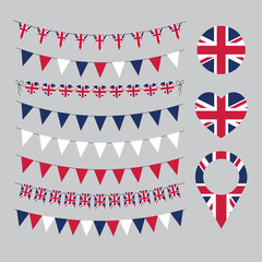 UK flag garland set, Union Jack pennants, British party decoration, set of Great Britain flag decor vector elements
