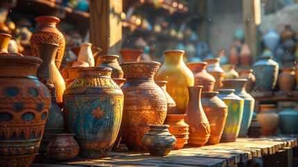 Fototapeta na wymiar An assortment of handcrafted traditional pottery basking in the warm glow of sunlight, showcasing intricate designs.