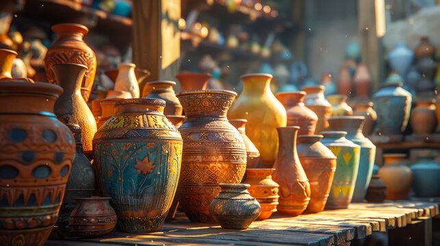 An assortment of handcrafted traditional pottery basking in the warm glow of sunlight, showcasing intricate designs.
