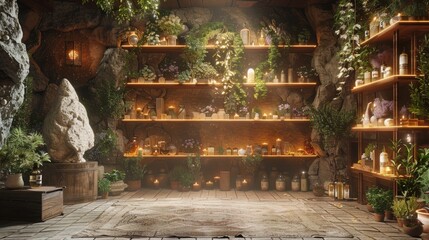 An illustration of a fantasy room filled with potions, plants, and magical objects. - obrazy, fototapety, plakaty