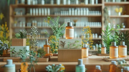 An image of a variety of skincare products arranged on wooden shelves and platforms in a retail store.