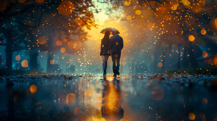 A couple dancing happily in the rain.