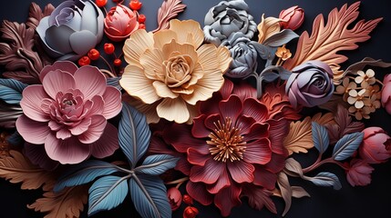 Elegant Digital 3D Floral Arrangement with Vibrant Design Elements and Textured Details