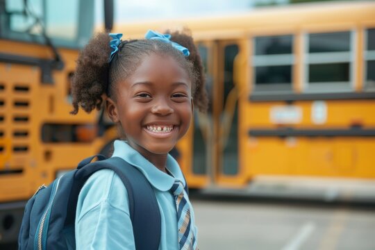 Enthusiastic elementary student girl ready to embark on bus journey
