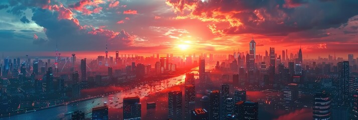 Panoramic view of a futuristic city at sunrise, with autonomous cars seamlessly integrating into the daily life of citizens