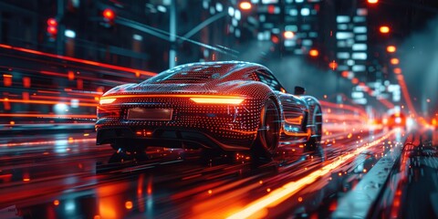 Retro-futuristic car navigating through a cyberpunk city, augmented reality displaying live traffic updates and safety alerts