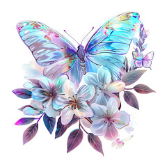 Vibrant Holographic Rainbow Butterfly and Flowers Clipart isolated on White Background