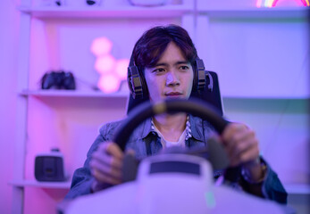 Professional gamer and online streamer in virtual car racing game communicate with his followers