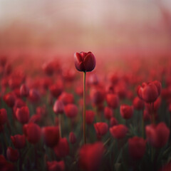 Solitary Red Tulip Standing Out in Soft-Focus Flower Field