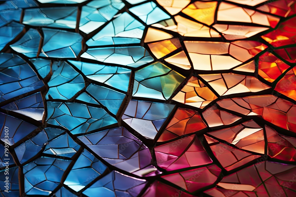 Poster A detailed view of a colorful glass mosaic, showcasing intricate patterns and a variety of hues