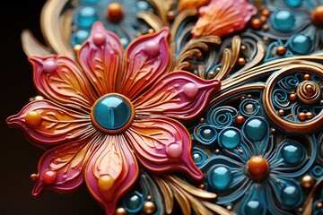 An intricately designed handcrafted ornament showcases vibrant floral patterns and colors in detailed close-up, illuminated by natural daylight
