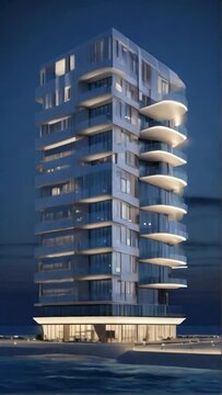 The high-rise building of the hotel in the constructivist style on the seashore at night, Modular square windows, modular mesh facade, panoramic glazing on the roof.