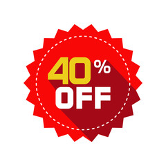 Sale tag vector badge template, 40 percent off sale label symbol, 40 % discount promotion flat icon with long shadow, clearance sale sticker emblem, bargain red sign rosette design isolated on white