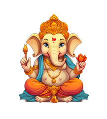 Vibrant cartoon of Lord Ganesha, the Hindu deity, in traditional attire, holding lamps, symbolizing wisdom and enlightenment. Generative AI