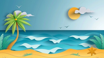 Fototapeta na wymiar Paper art summer, Coastal serenity in paper cut style.