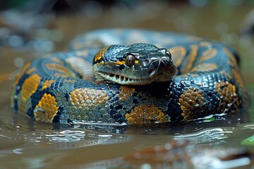 Fototapeta premium Green Anaconda: Coiled on riverbank with massive body, illustrating its role as apex predator.