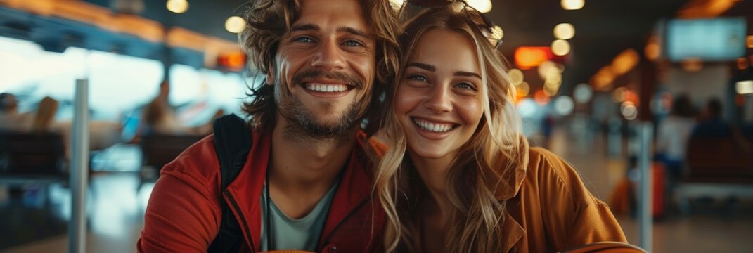 Radiant couple at airport, packed and prepped for their international journey