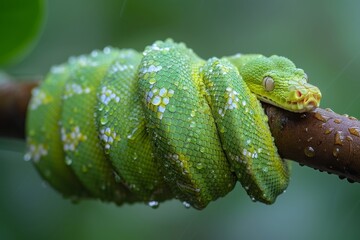 Green Tree Python: Wrapped around a branch with vibrant green scales, contrasting with the background 